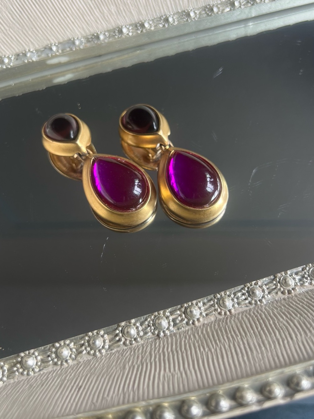 Les Bernard Gold-Tone Teardrop Earrings with Deep Fuchsia Cabochons